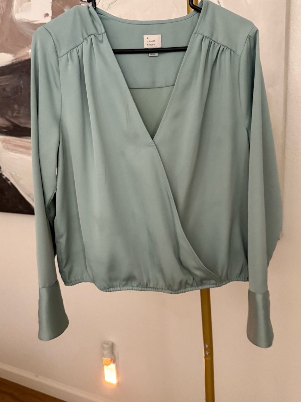 a new day Sage Green Wrap-Front Long-Sleeve Blouse